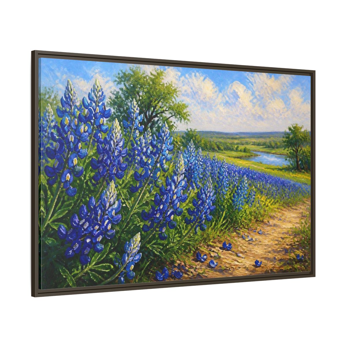 Side Mockup 8. Bluebonnet Flower Field shown as framed canvas print