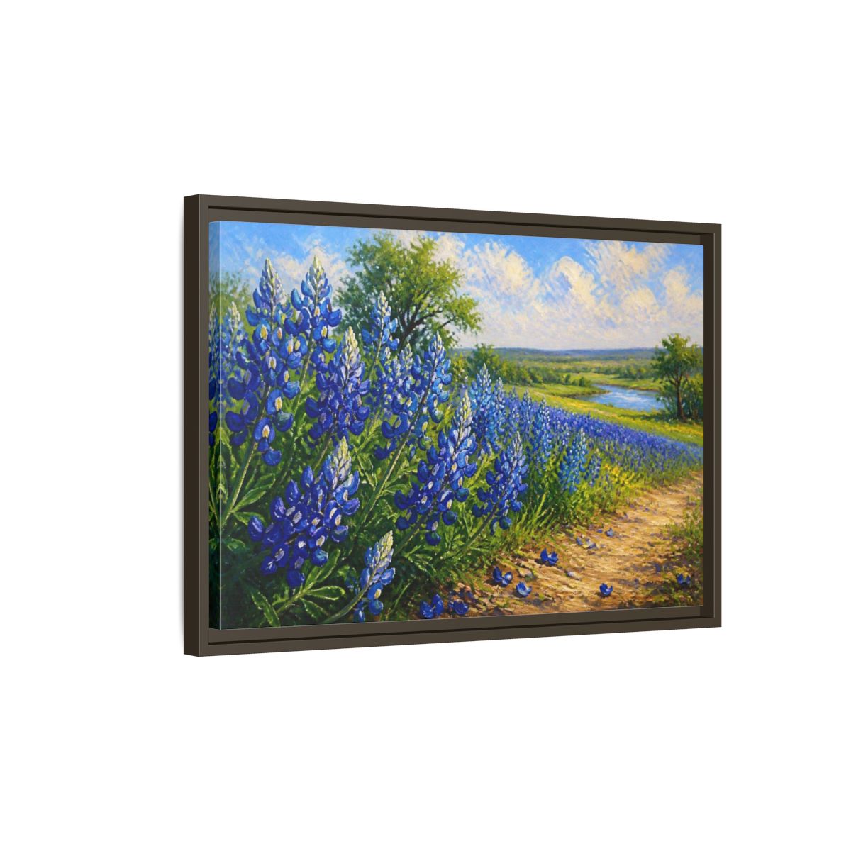 Side Mockup 2. Bluebonnet Flower Field shown as framed canvas print
