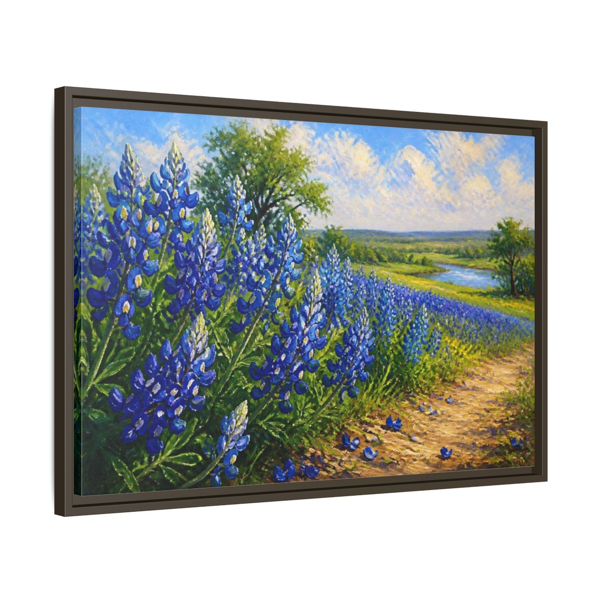 Side Mockup 11. Bluebonnet Flower Field shown as framed canvas print