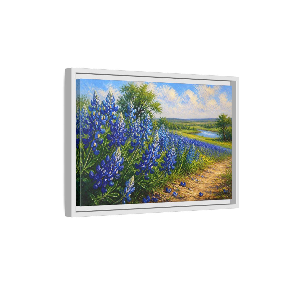 Side Mockup 4. Bluebonnet Flower Field shown as framed canvas print