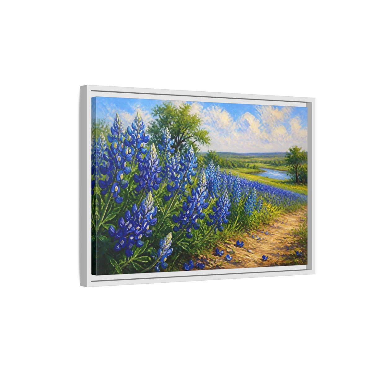 Side Mockup 1. Bluebonnet Flower Field shown as framed canvas print