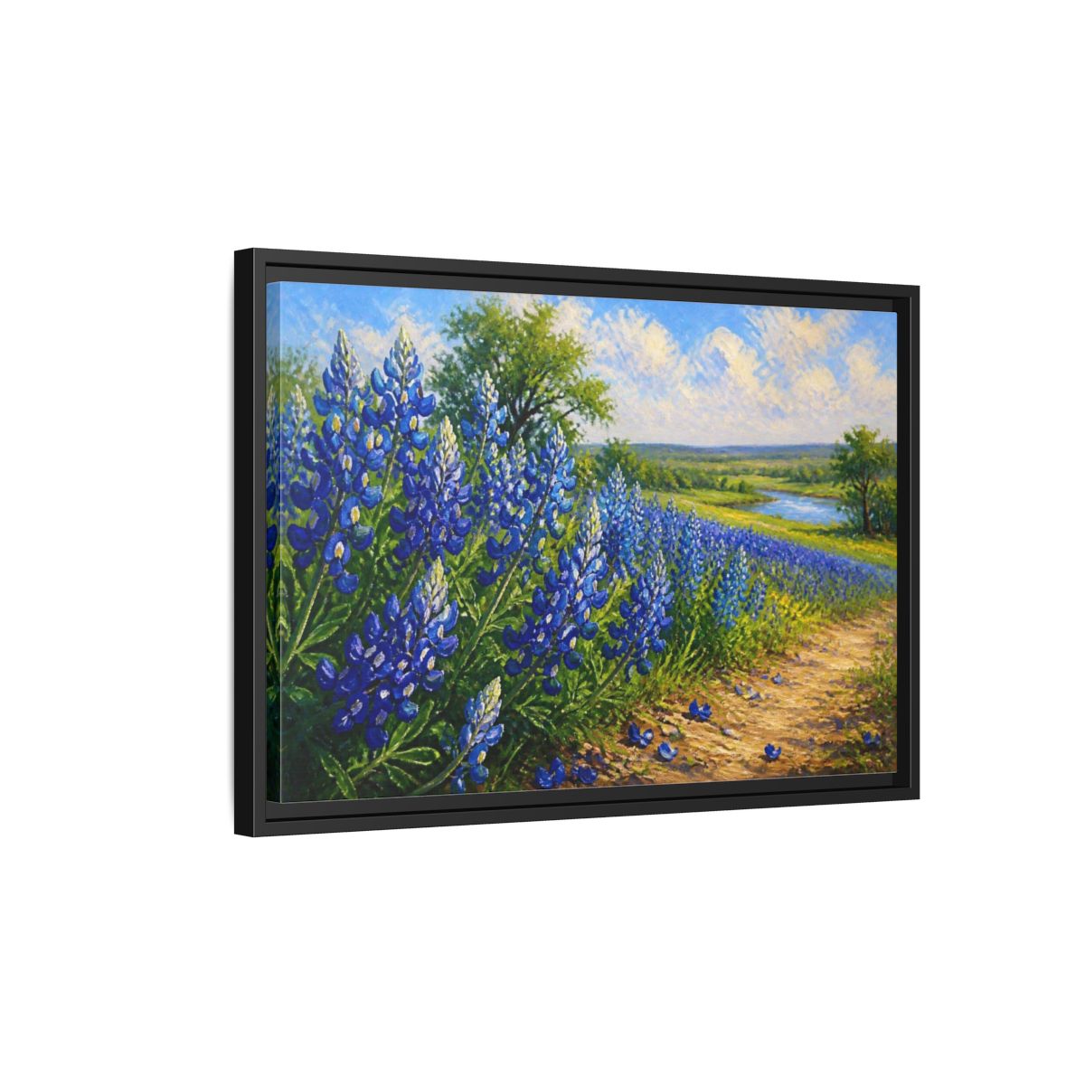 Side Mockup 3. Bluebonnet Flower Field shown as framed canvas print
