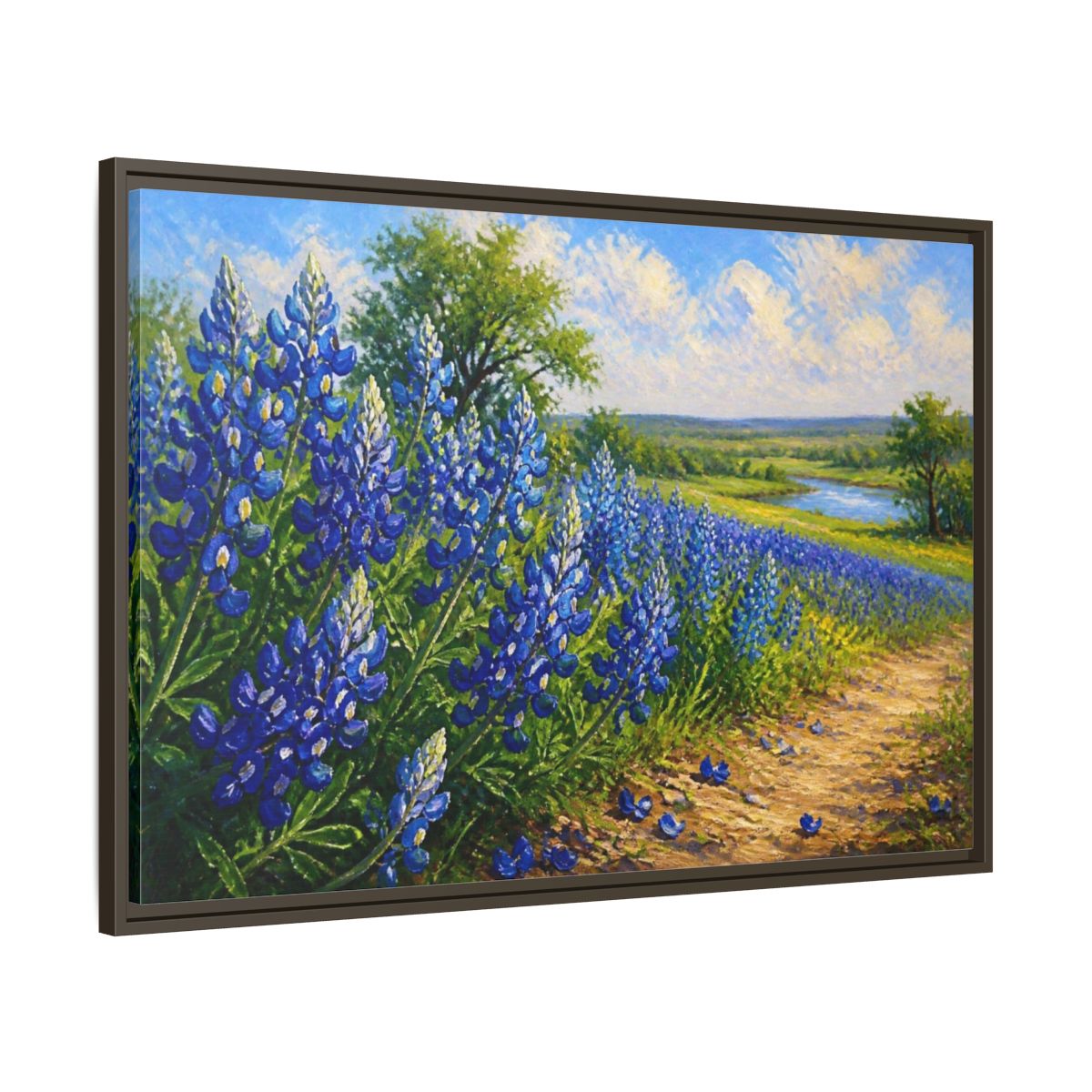 Main Mockup. Bluebonnet Flower Field shown as framed canvas print