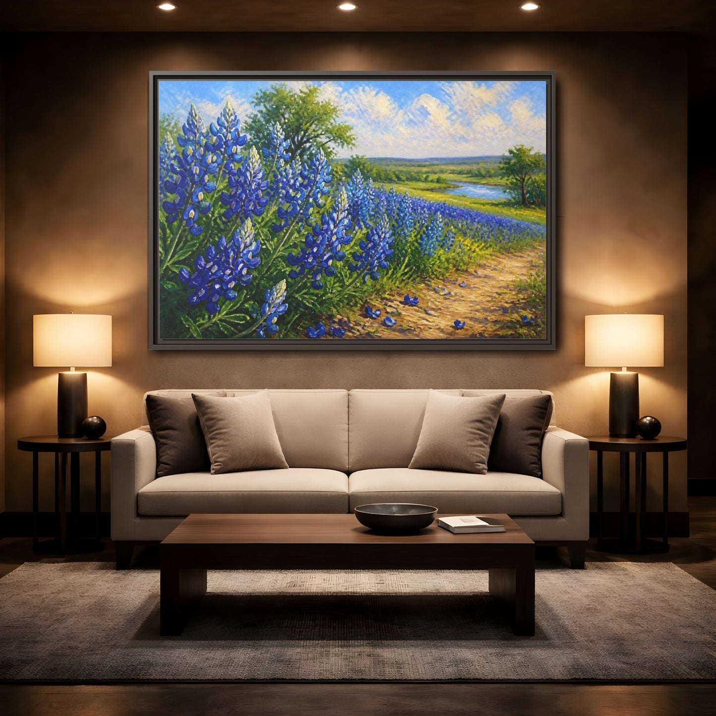 Mockup 2. Bluebonnet Flower Field shown as framed canvas print