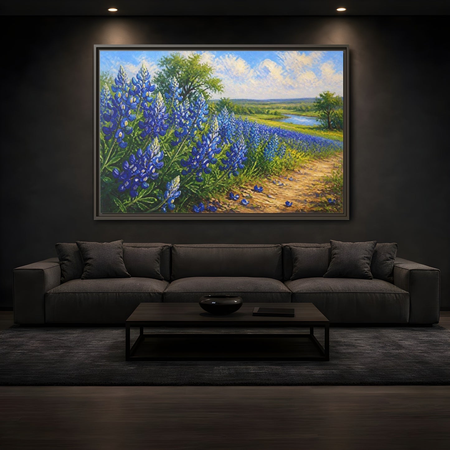 Mockup 3. Bluebonnet Flower Field shown as framed canvas print