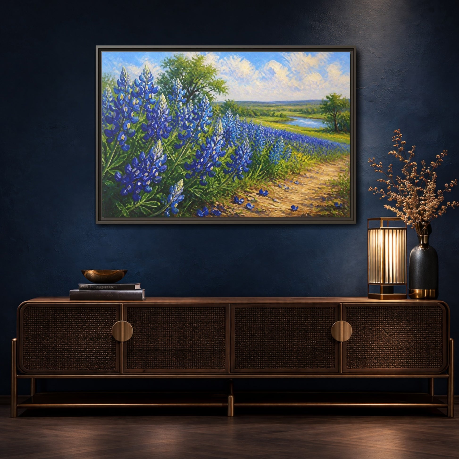 Mockup 4. Bluebonnet Flower Field shown as framed canvas print