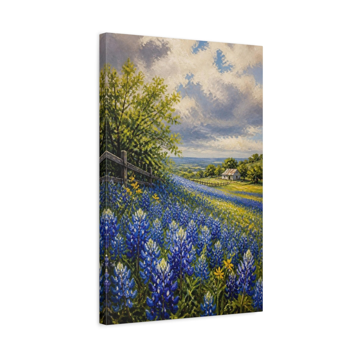 Side Mockup 3. Bluebonnet Flower Meadow shown as canvas print