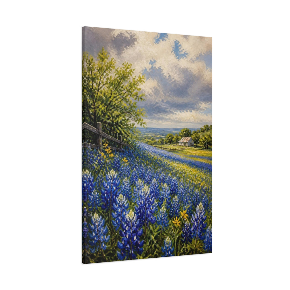 Side Mockup 1. Bluebonnet Flower Meadow shown as canvas print