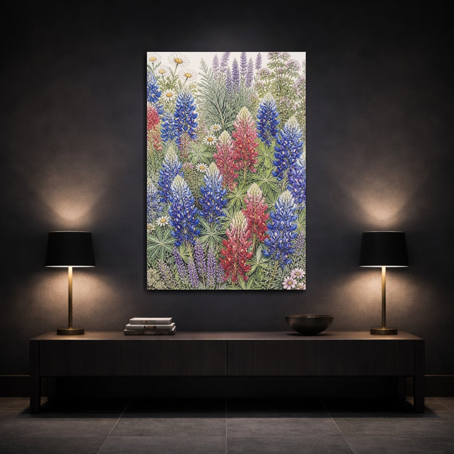 Mockup 3. Bluebonnet Flowers Illustration shown as canvas print