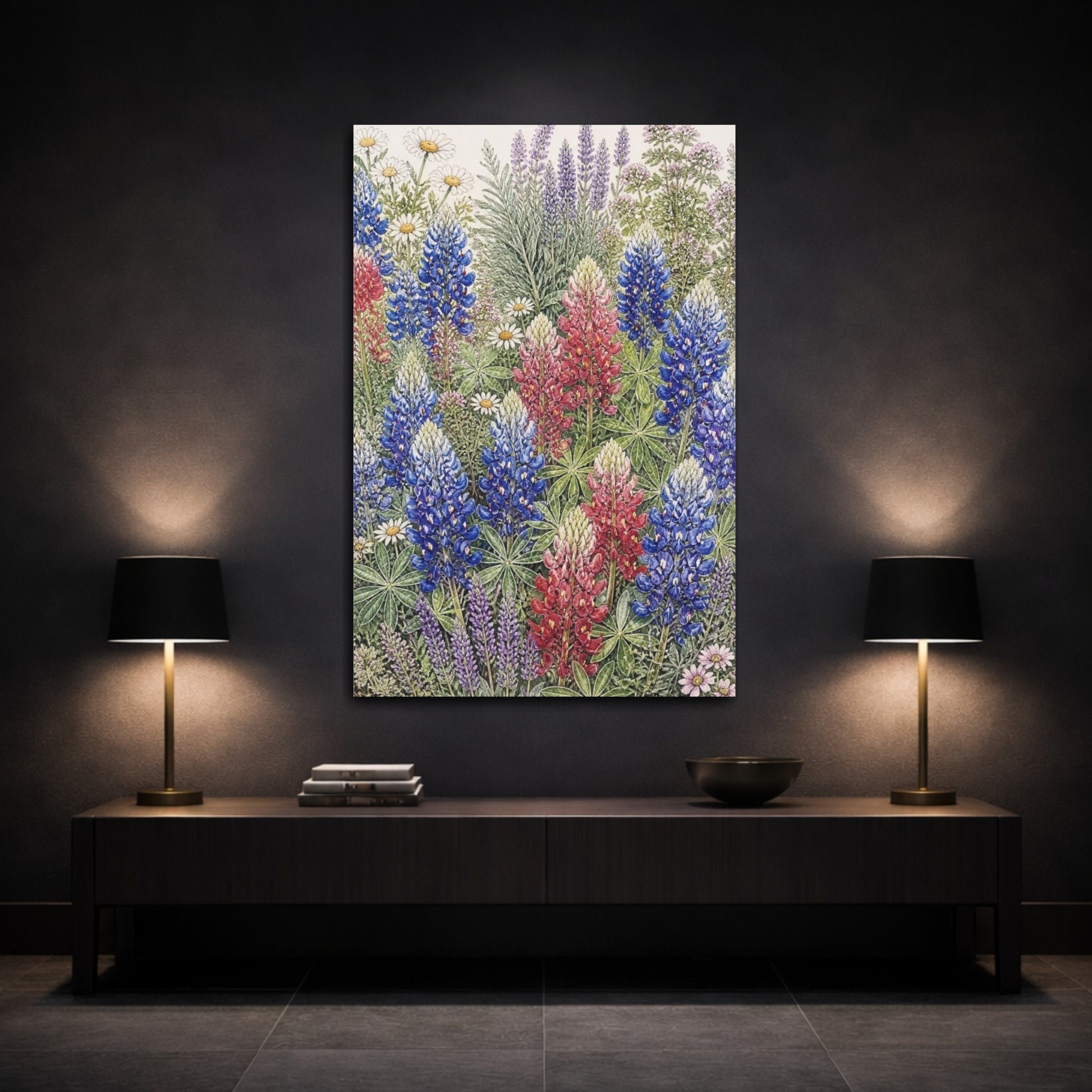 Mockup 3. Bluebonnet Flowers Illustration shown as canvas print