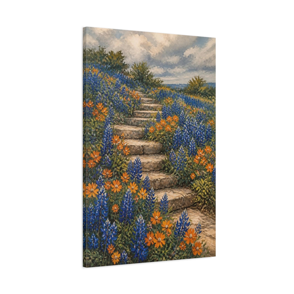 Main Mockup. Bluebonnet Flowers On Steps shown as canvas print