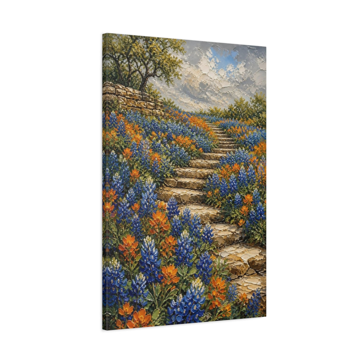 Main Mockup. Bluebonnet Flowers On Steps shown as canvas print
