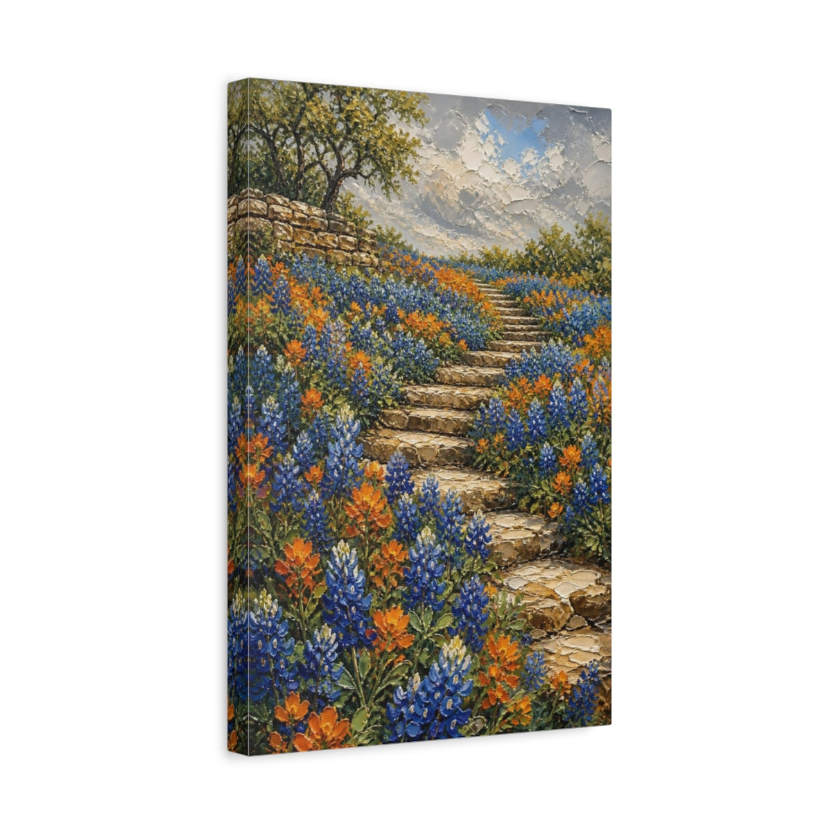 Side Mockup 4. Bluebonnet Flowers On Steps shown as canvas print