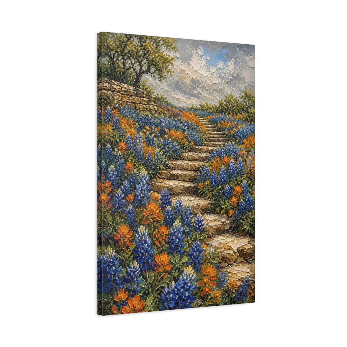 Side Mockup 2. Bluebonnet Flowers On Steps shown as canvas print