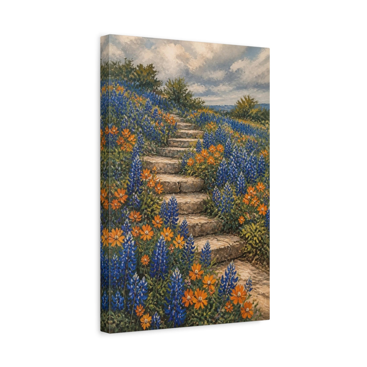 Side Mockup 4. Bluebonnet Flowers On Steps shown as canvas print