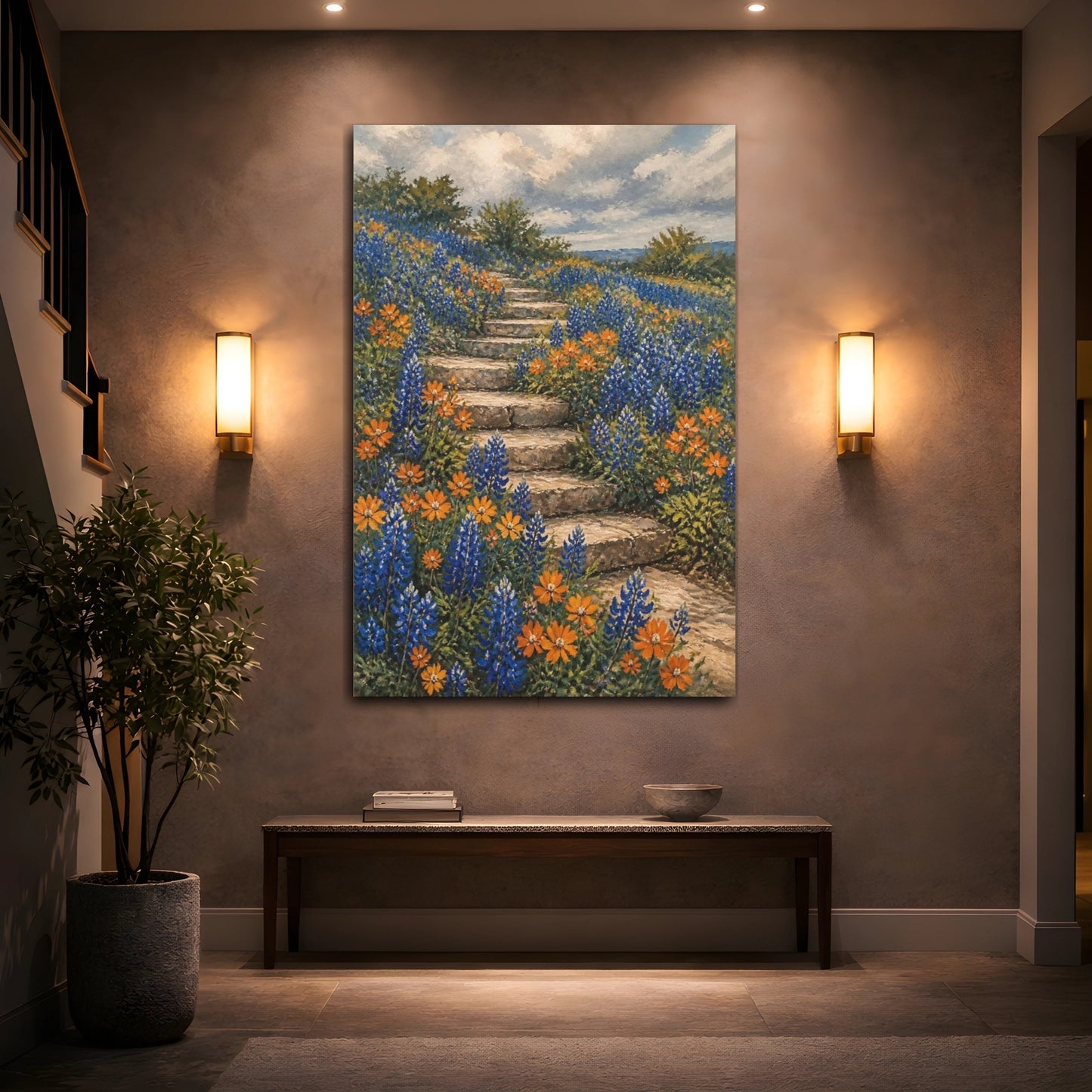 Mockup 2. Bluebonnet Flowers On Steps shown as canvas print