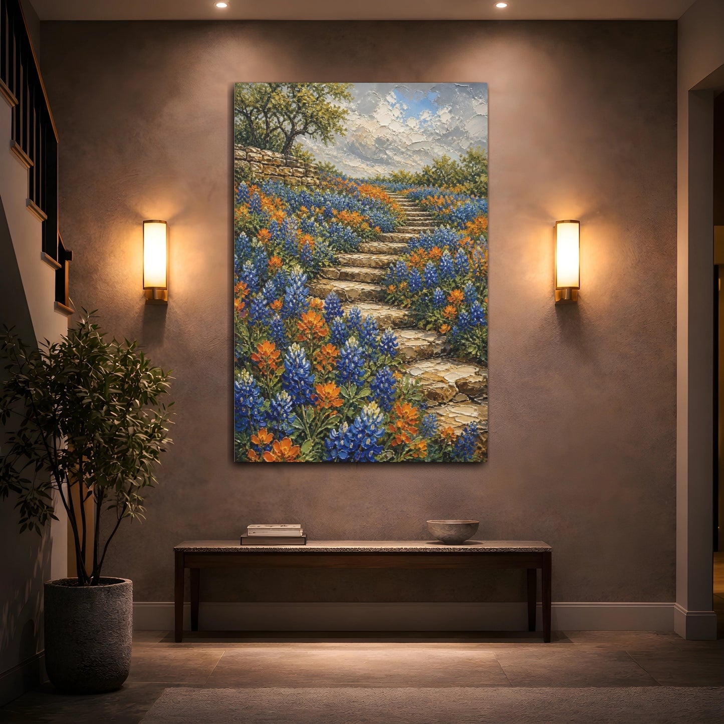 Mockup 2. Bluebonnet Flowers On Steps shown as canvas print