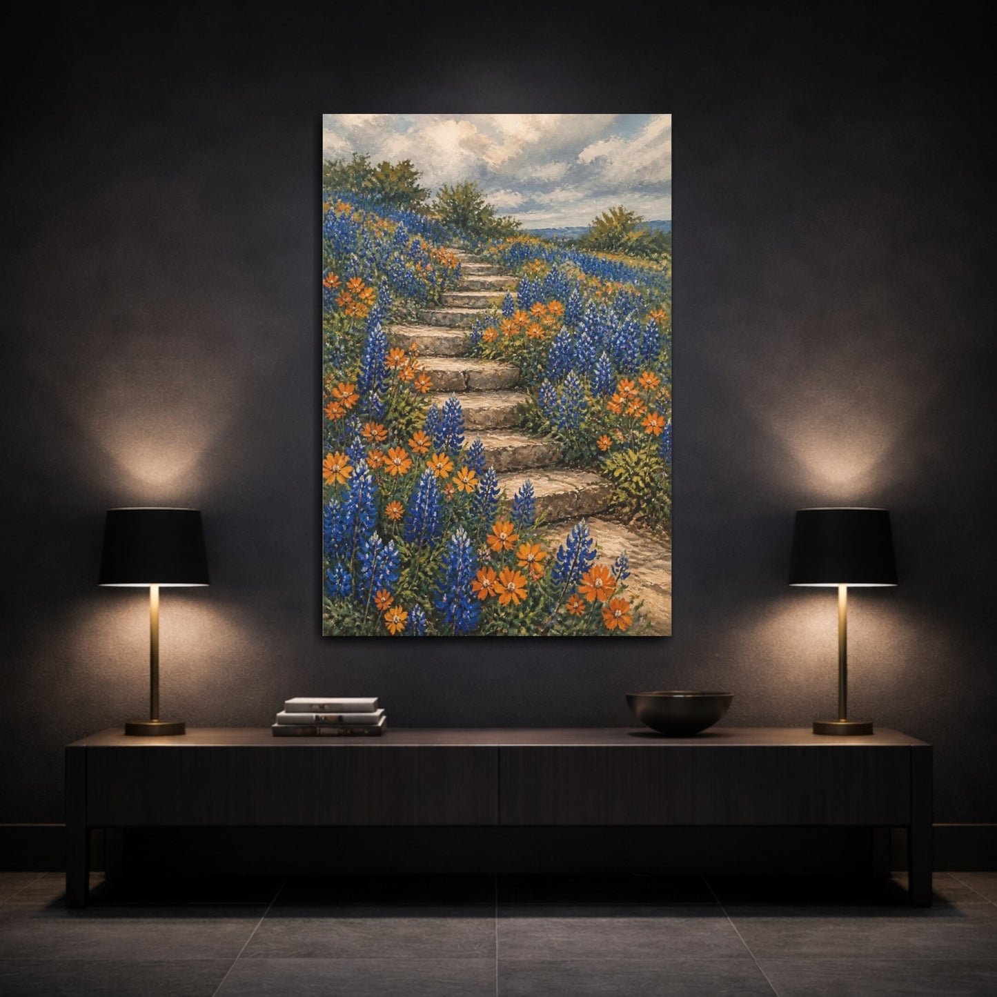 Mockup 3. Bluebonnet Flowers On Steps shown as canvas print