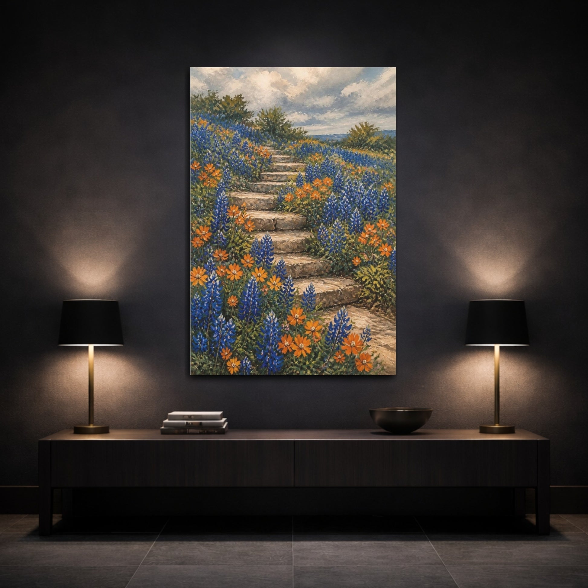 Mockup 3. Bluebonnet Flowers On Steps shown as canvas print
