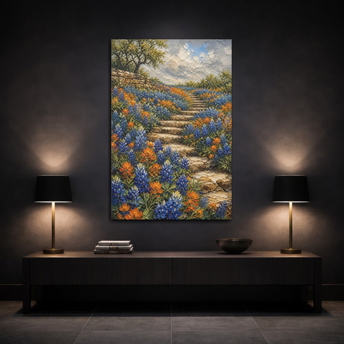 Mockup 3. Bluebonnet Flowers On Steps shown as canvas print