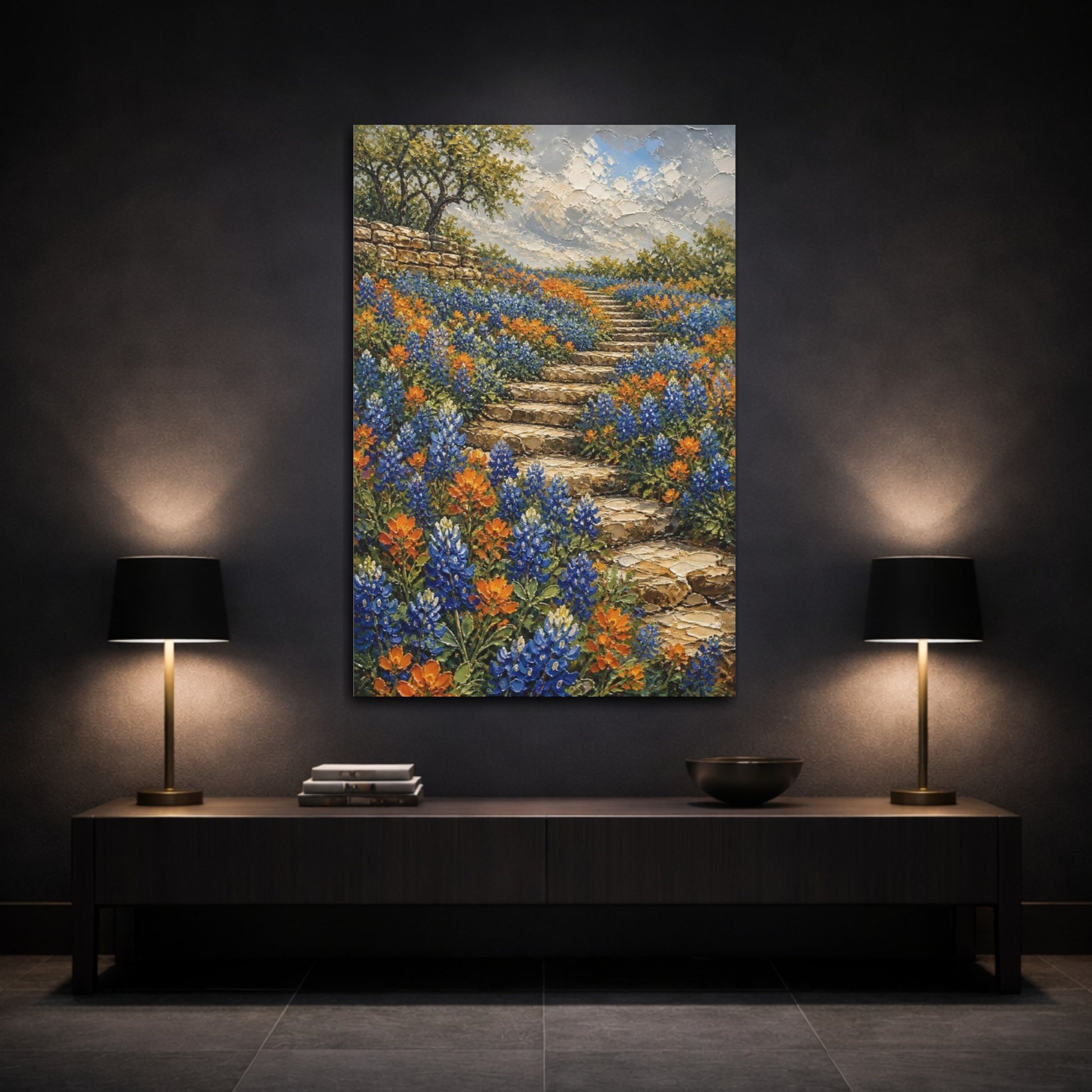 Mockup 3. Bluebonnet Flowers On Steps shown as canvas print