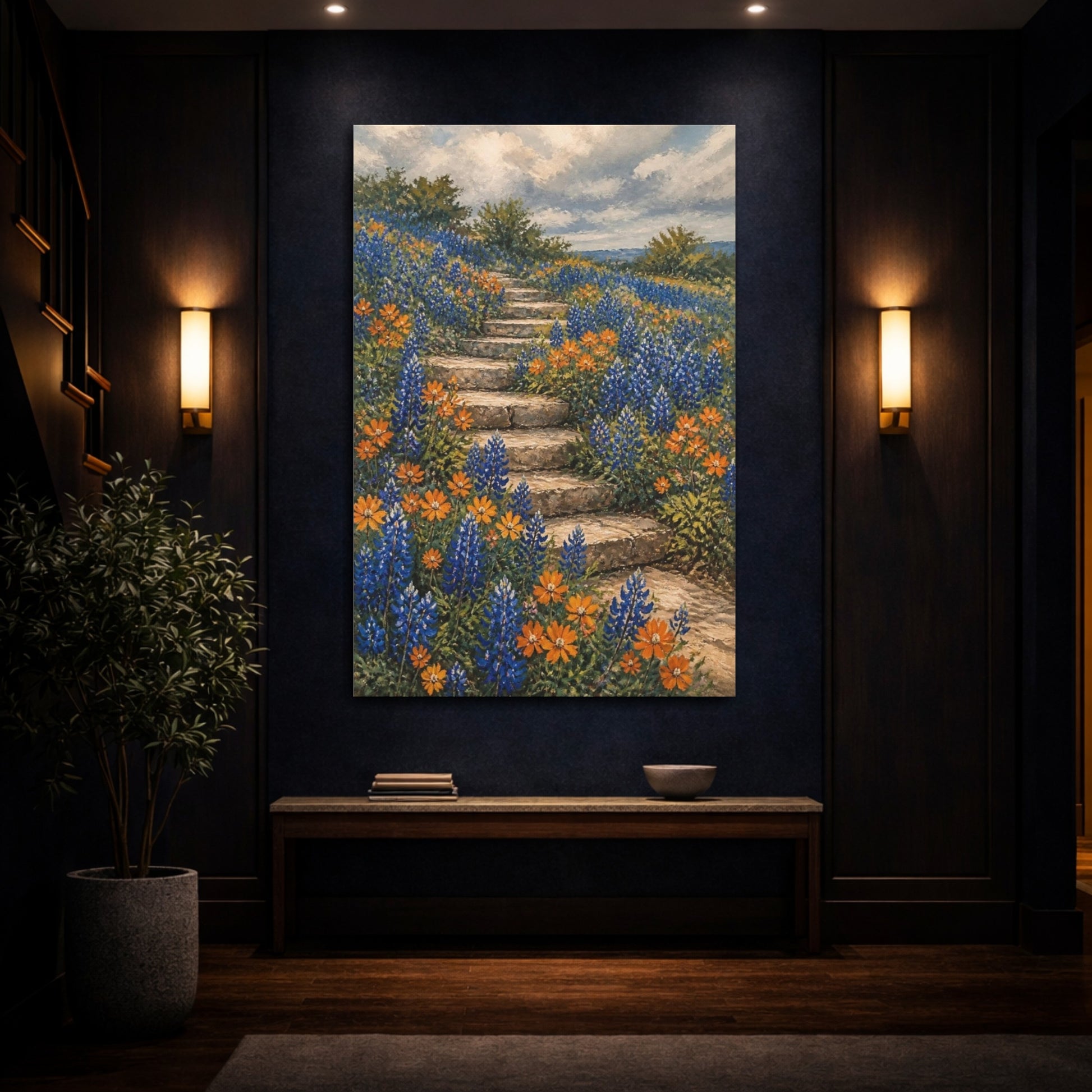 Mockup 4. Bluebonnet Flowers On Steps shown as canvas print