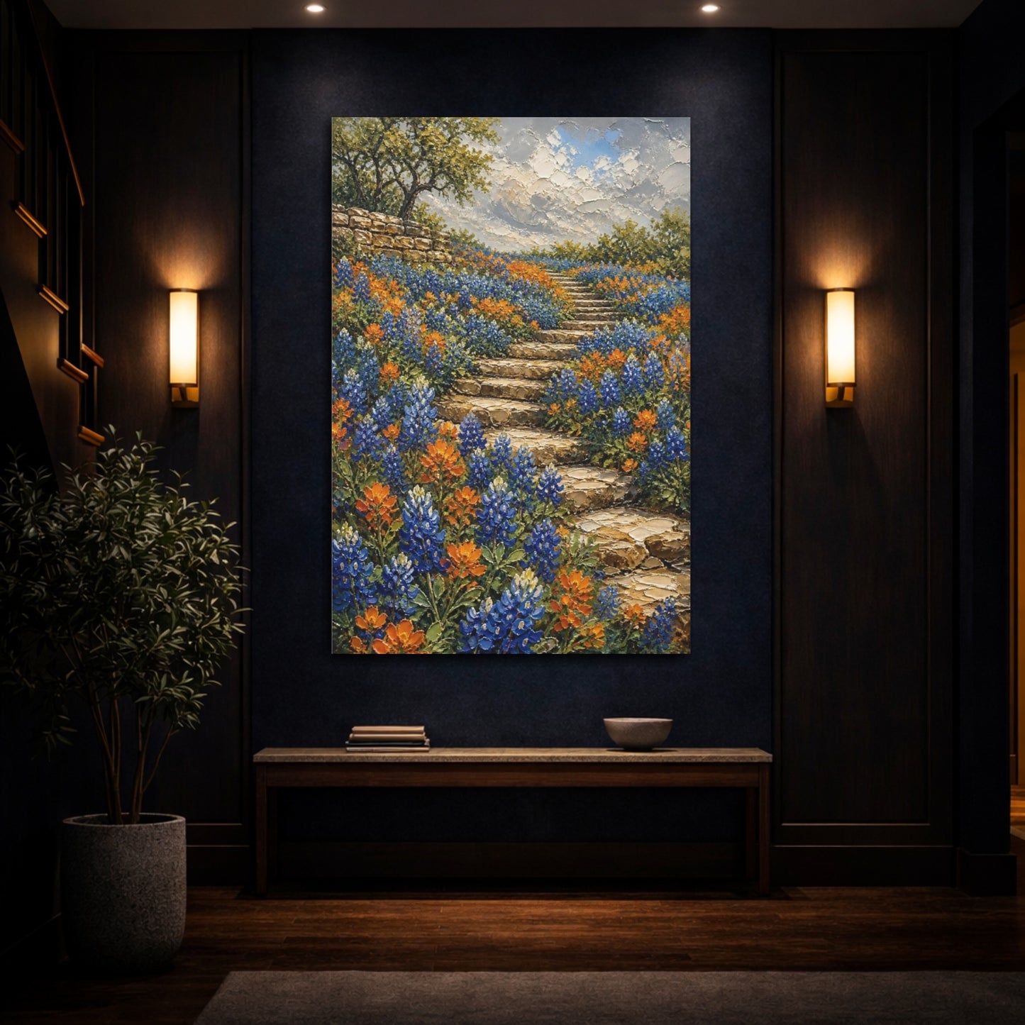 Mockup 4. Bluebonnet Flowers On Steps shown as canvas print