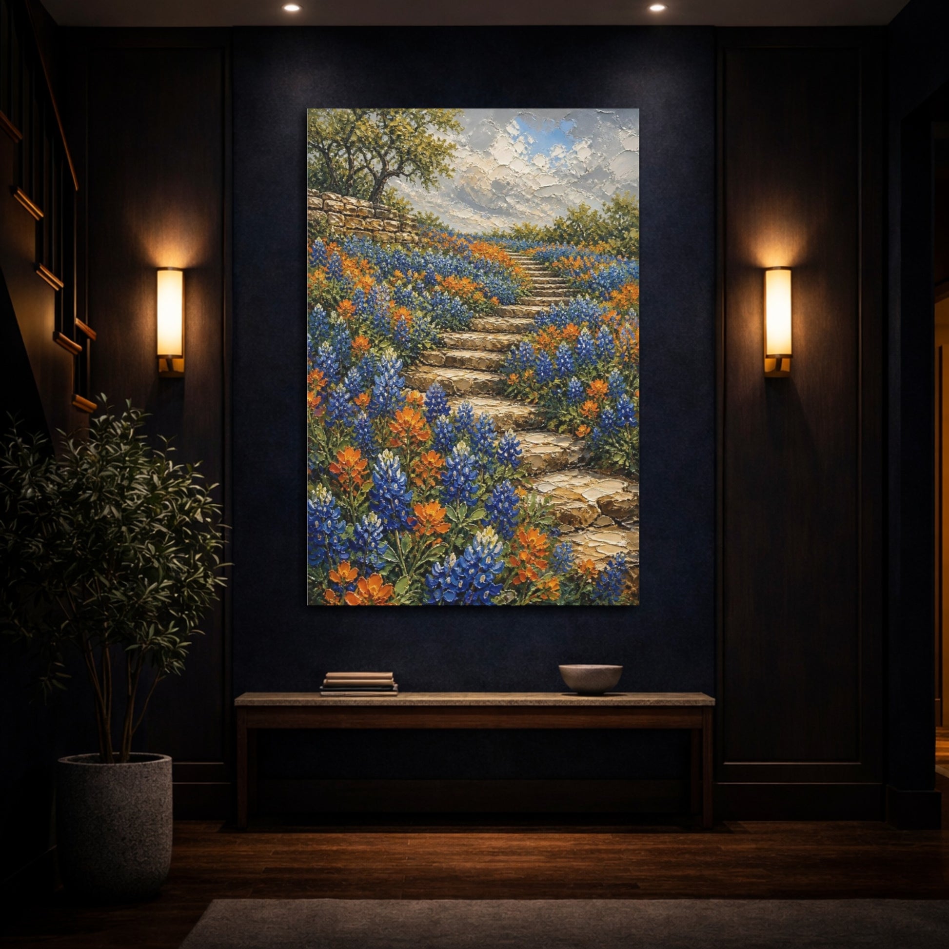 Mockup 4. Bluebonnet Flowers On Steps shown as canvas print