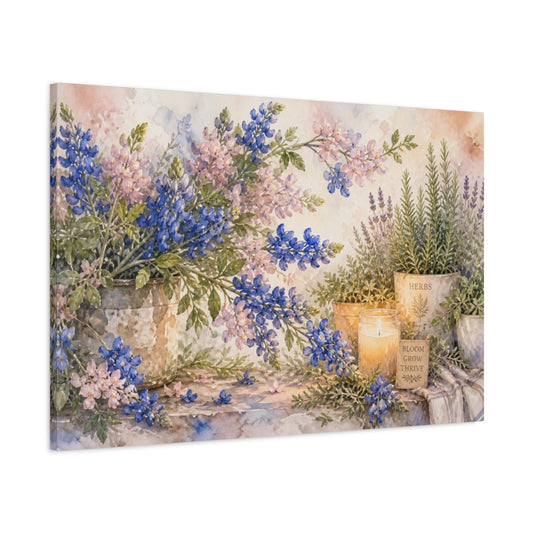 Main Mockup. Bluebonnets And Herb Candlelight shown as canvas print