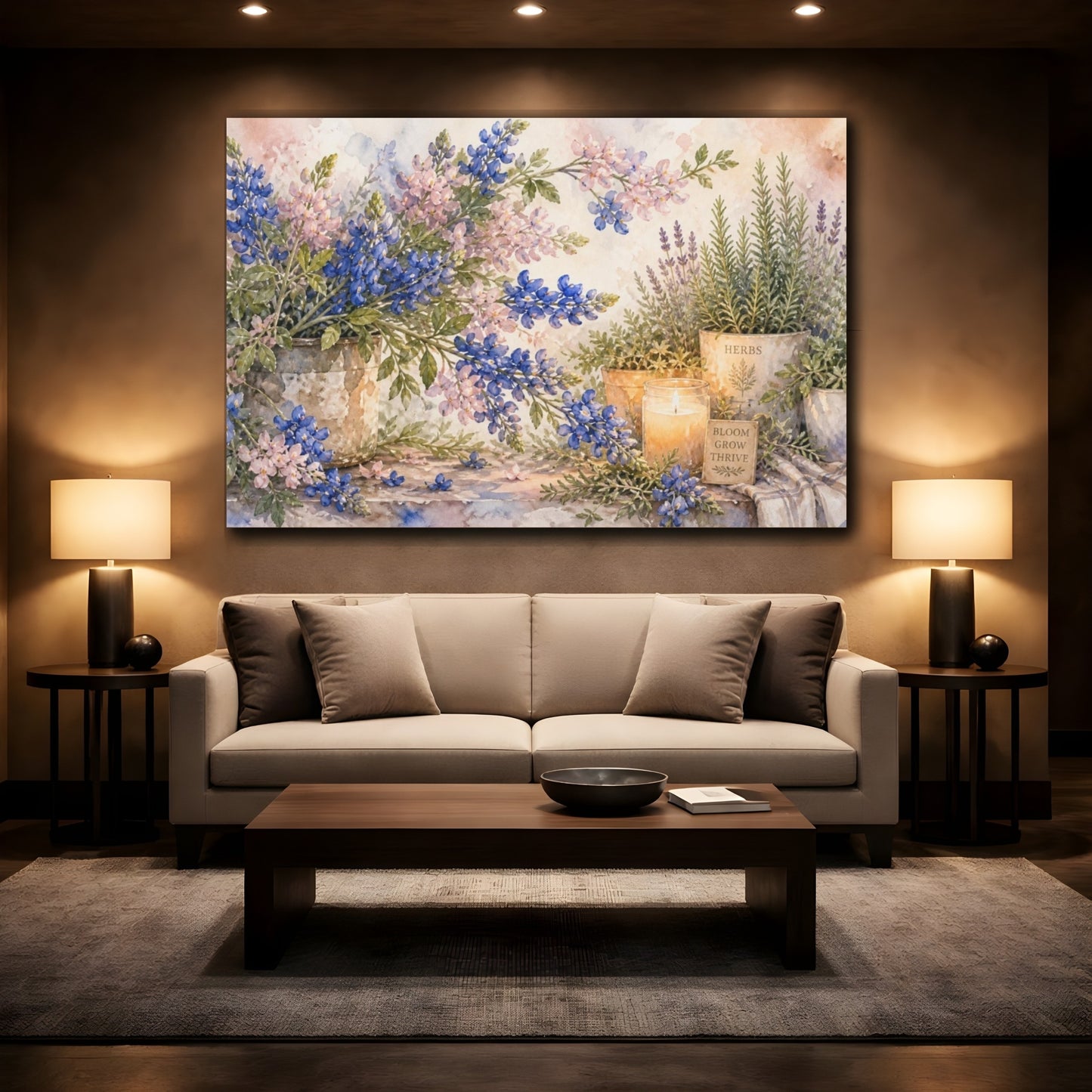 Mockup 2. Bluebonnets And Herb Candlelight shown as canvas print