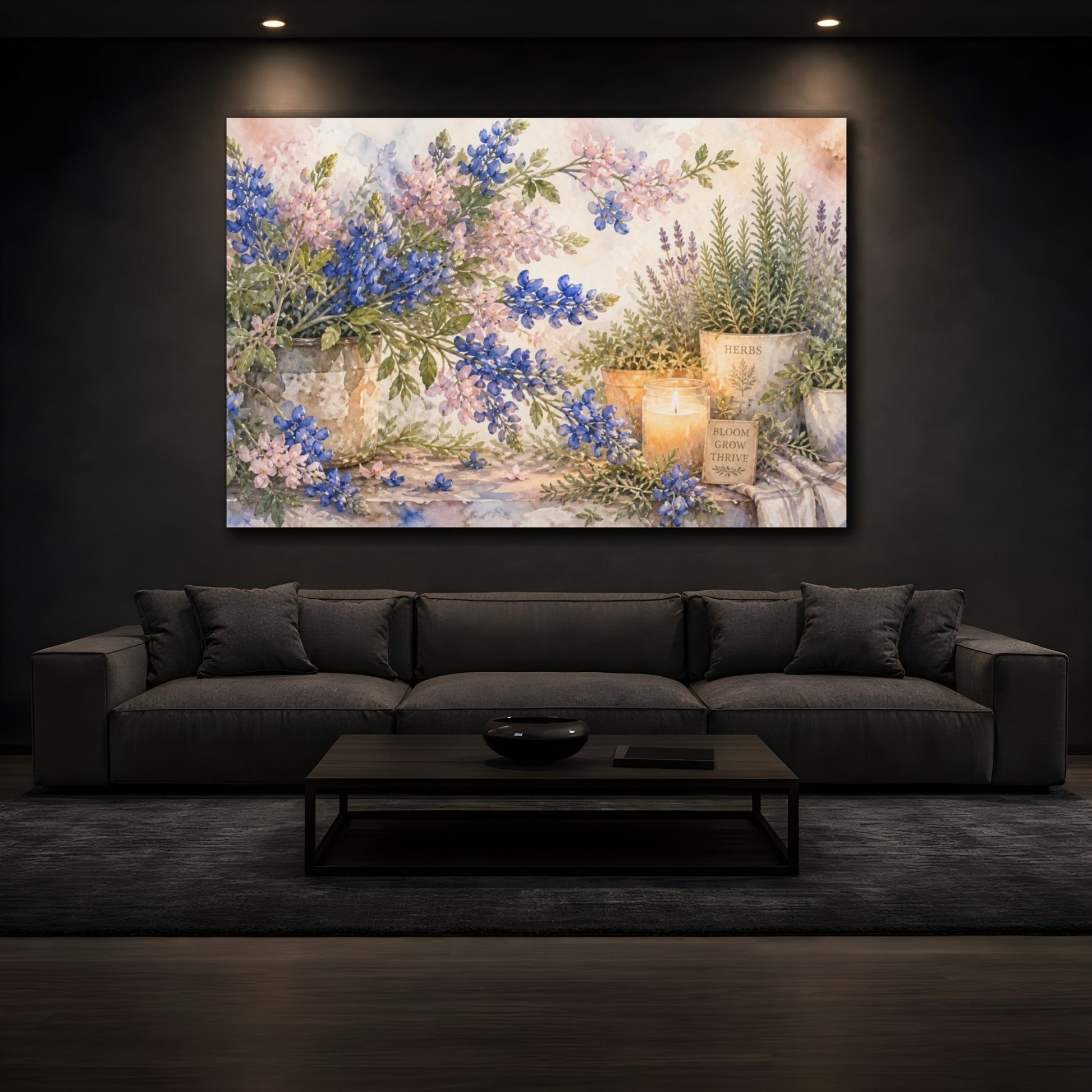 Mockup 3. Bluebonnets And Herb Candlelight shown as canvas print
