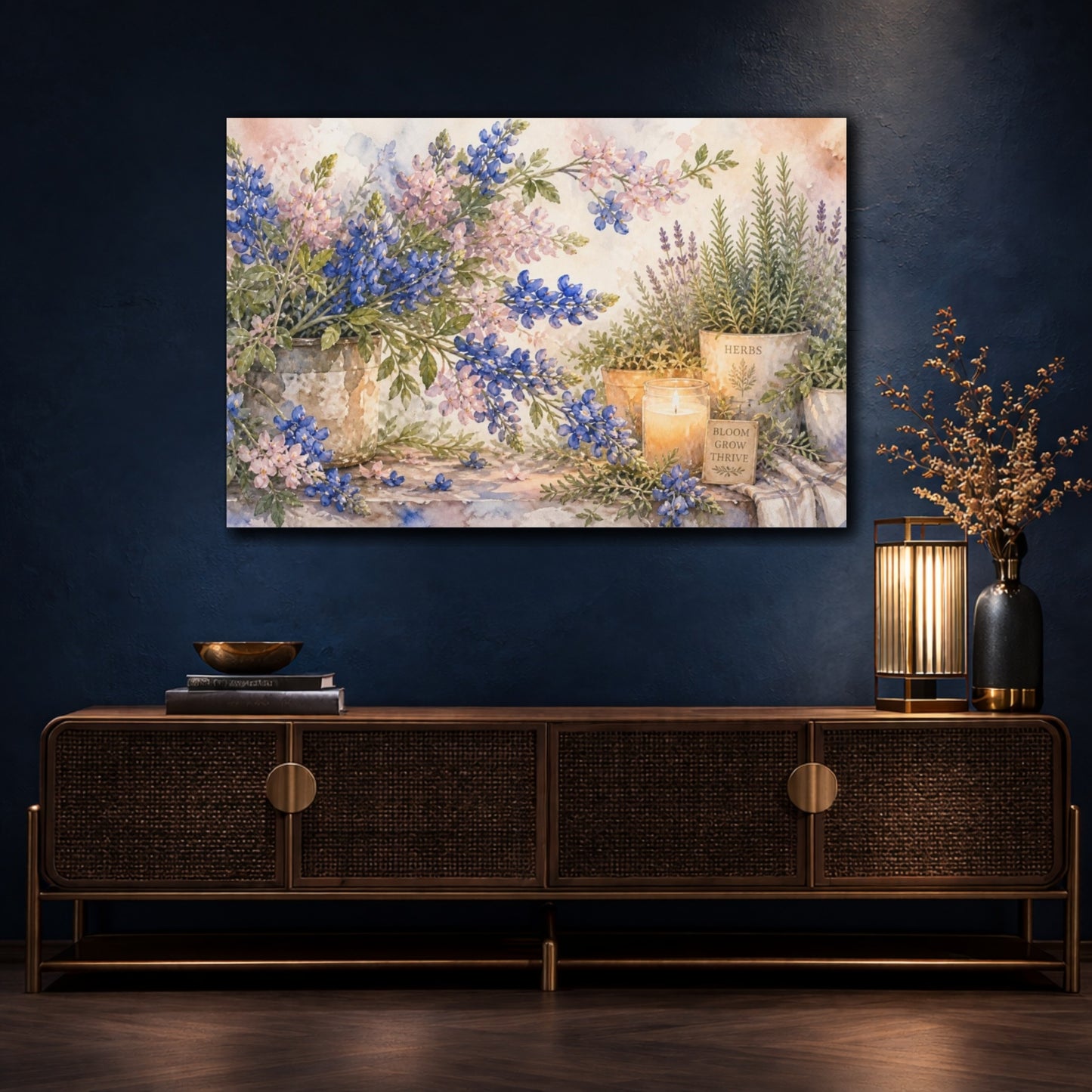 Mockup 4. Bluebonnets And Herb Candlelight shown as canvas print
