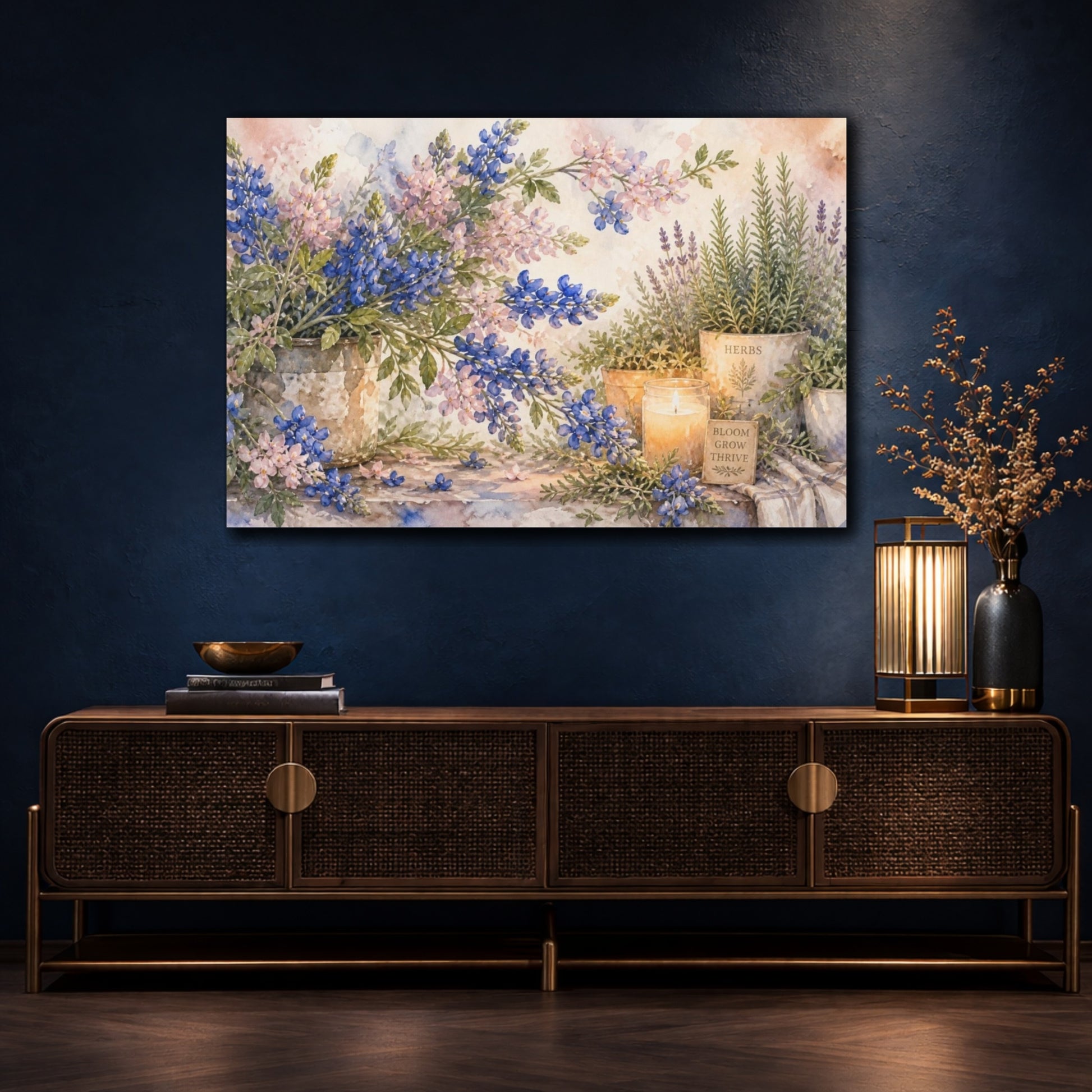 Mockup 4. Bluebonnets And Herb Candlelight shown as canvas print
