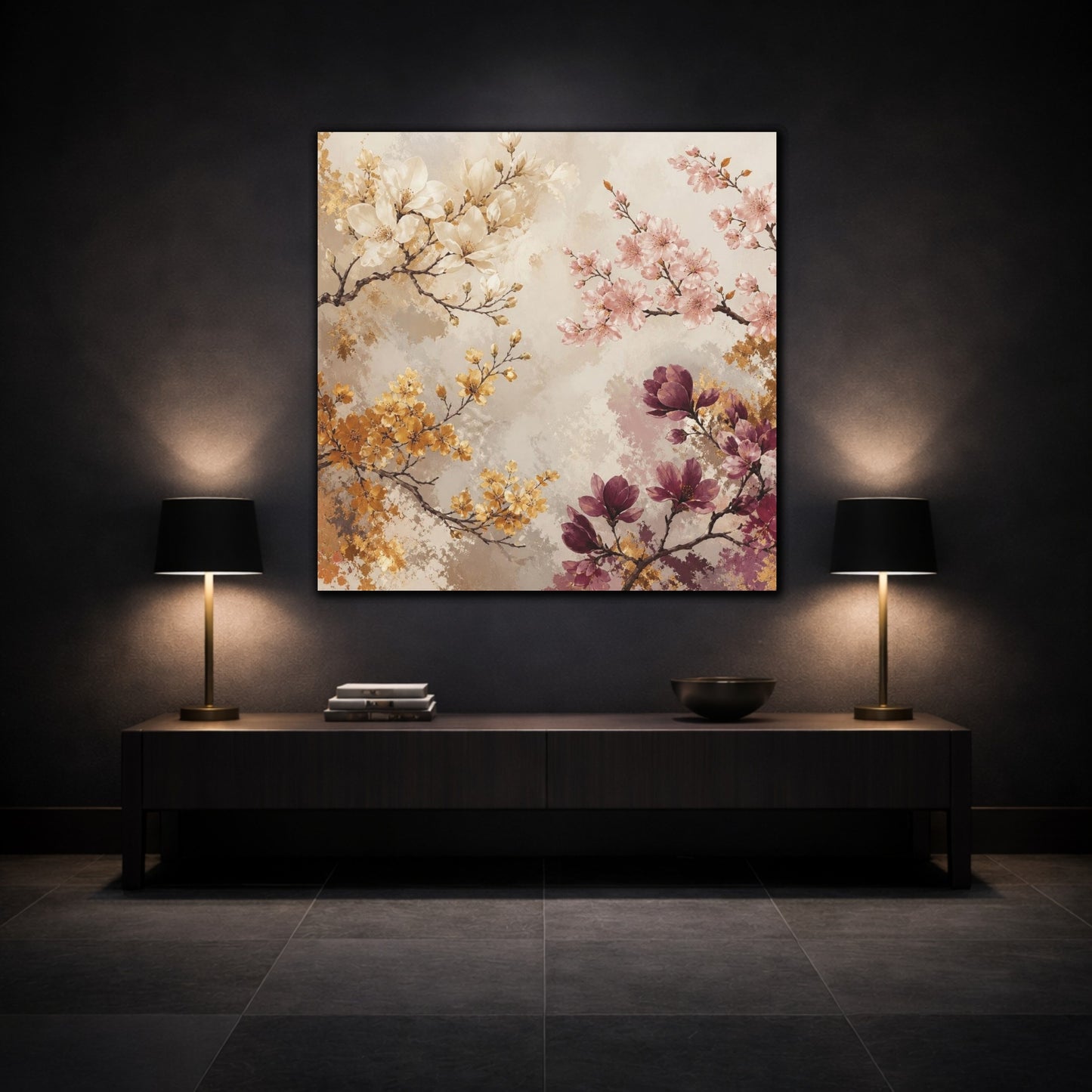 Mockup 3. Blush & Gold Floral Branches shown as canvas print