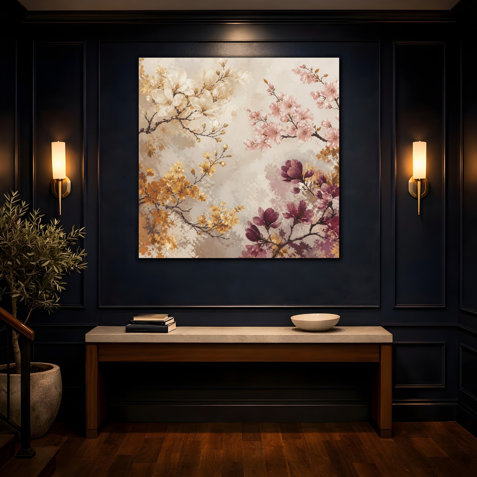 Mockup 4. Blush & Gold Floral Branches shown as canvas print