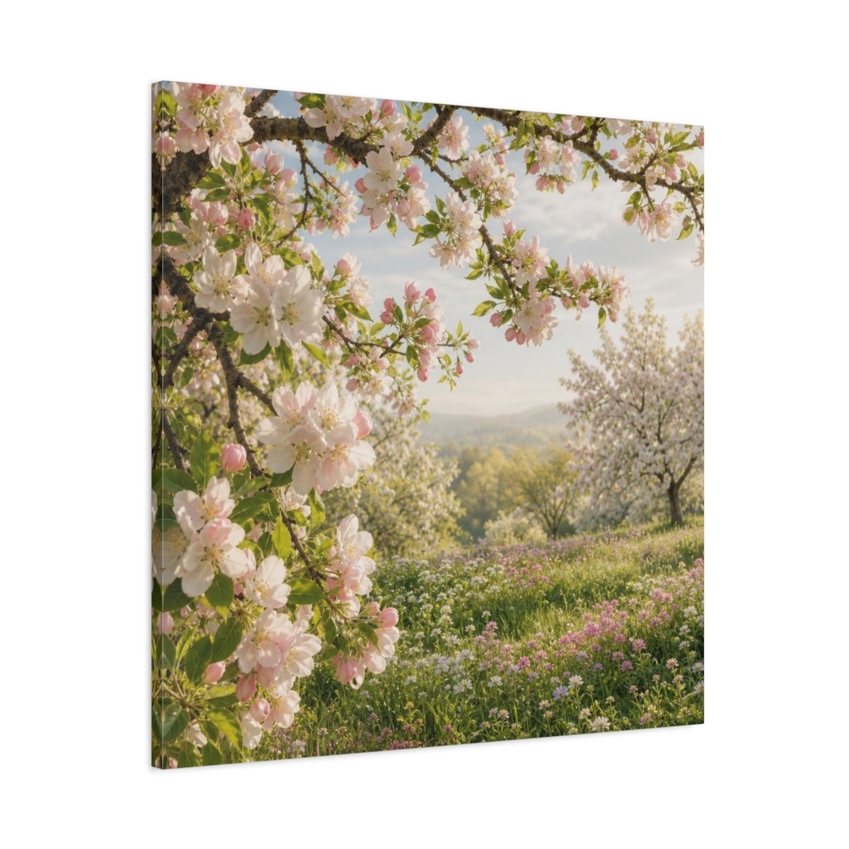 Main Mockup. Blush Apple Blossom Meadow shown as canvas print