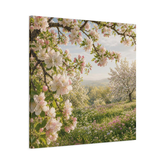 Blush Apple Blossom Meadow Canvas Print – Living Room, Above Sofa, & Soft Green - YesArtYes
