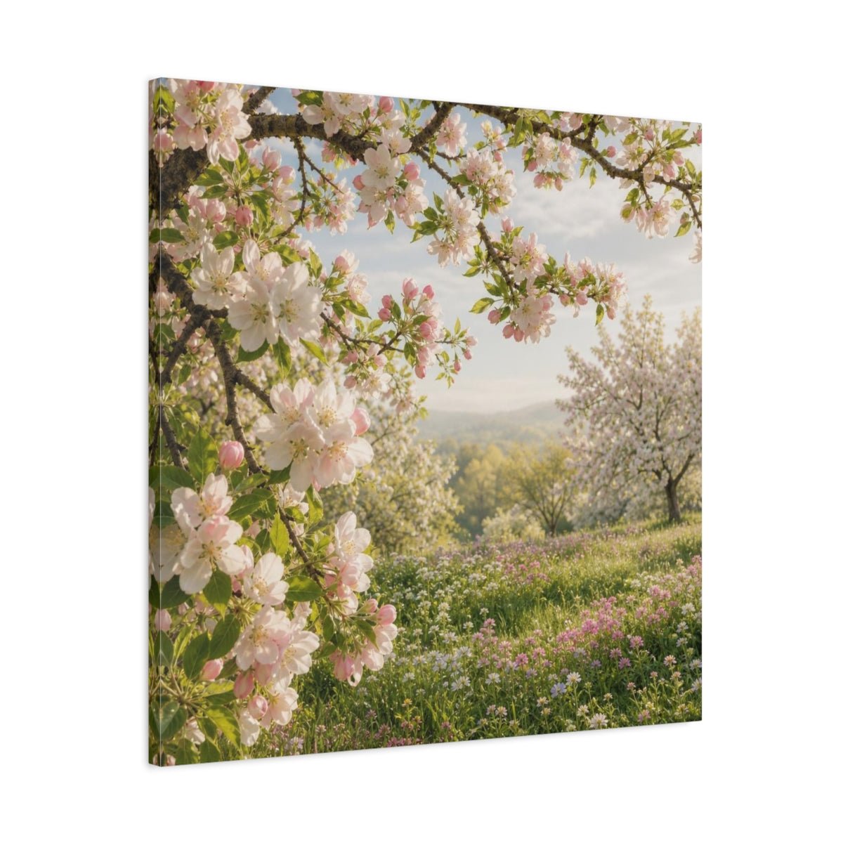 Blush Apple Blossom Meadow Canvas Print – Living Room, Above Sofa, & Soft Green - YesArtYes