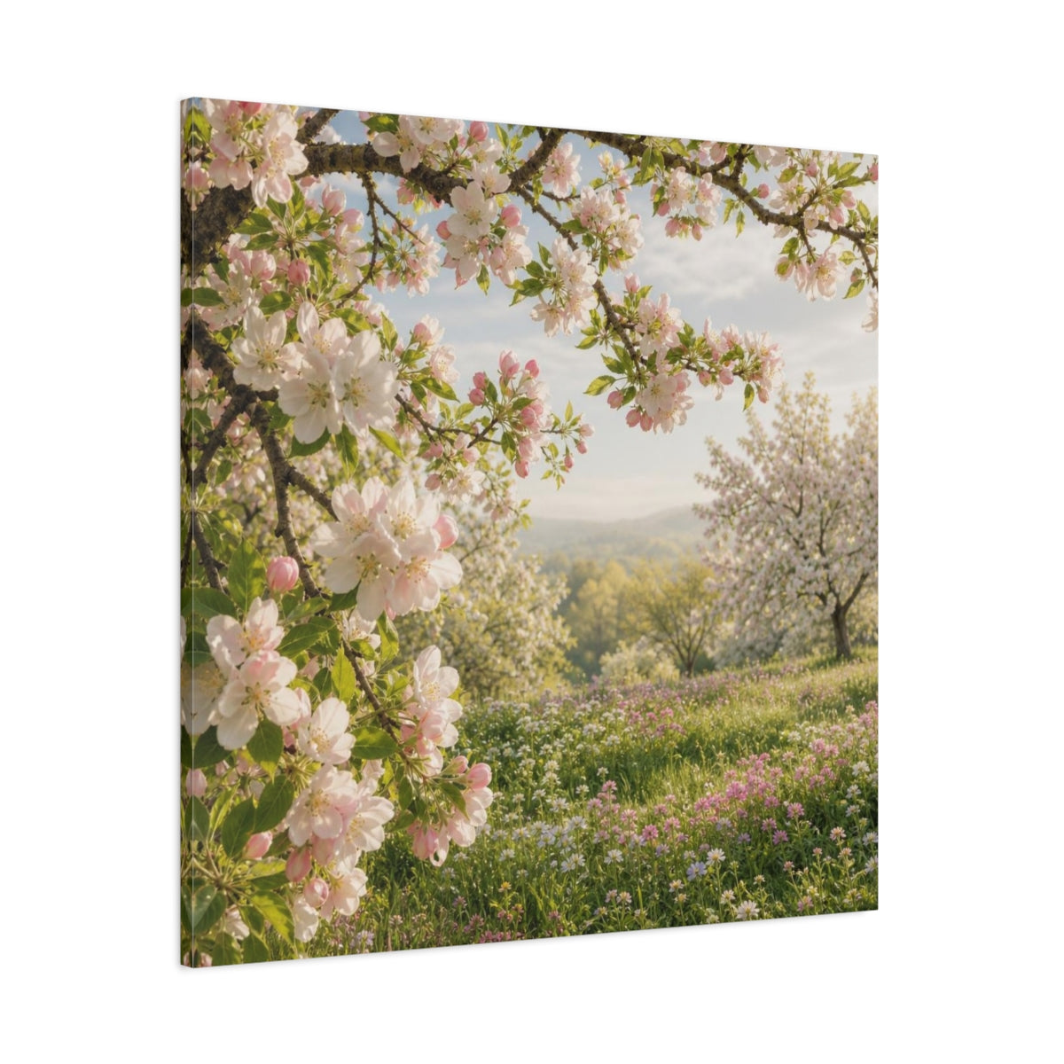 Side Mockup 1. Blush Apple Blossom Meadow shown as canvas print