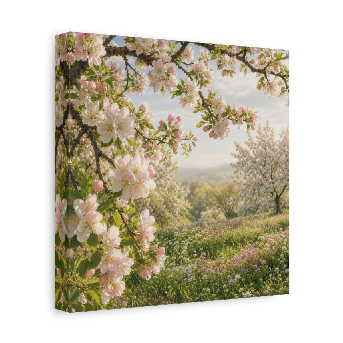 Side Mockup 9. Blush Apple Blossom Meadow shown as canvas print