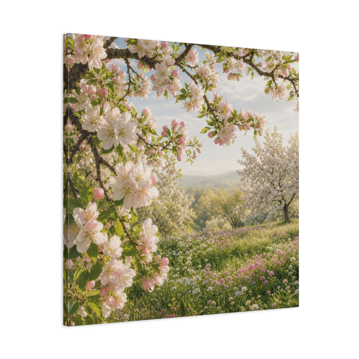 Side Mockup 3. Blush Apple Blossom Meadow shown as canvas print