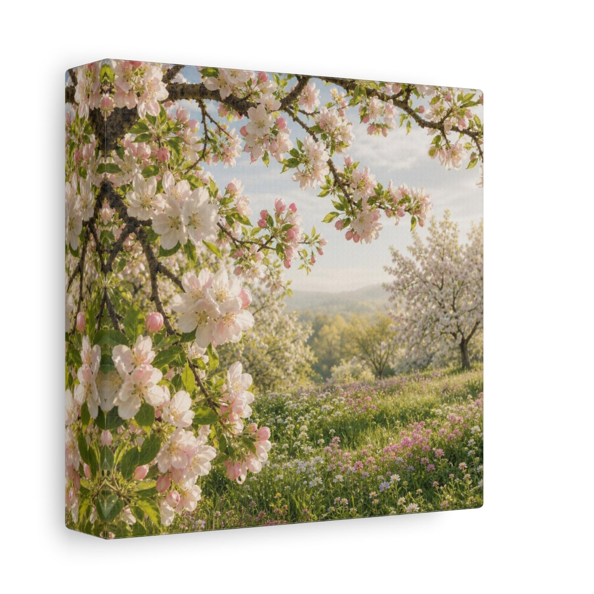 Side Mockup 2. Blush Apple Blossom Meadow shown as canvas print