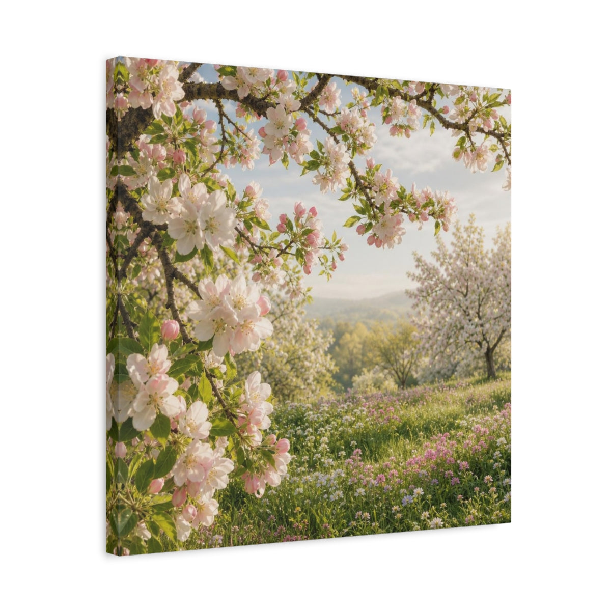 Side Mockup 5. Blush Apple Blossom Meadow shown as canvas print