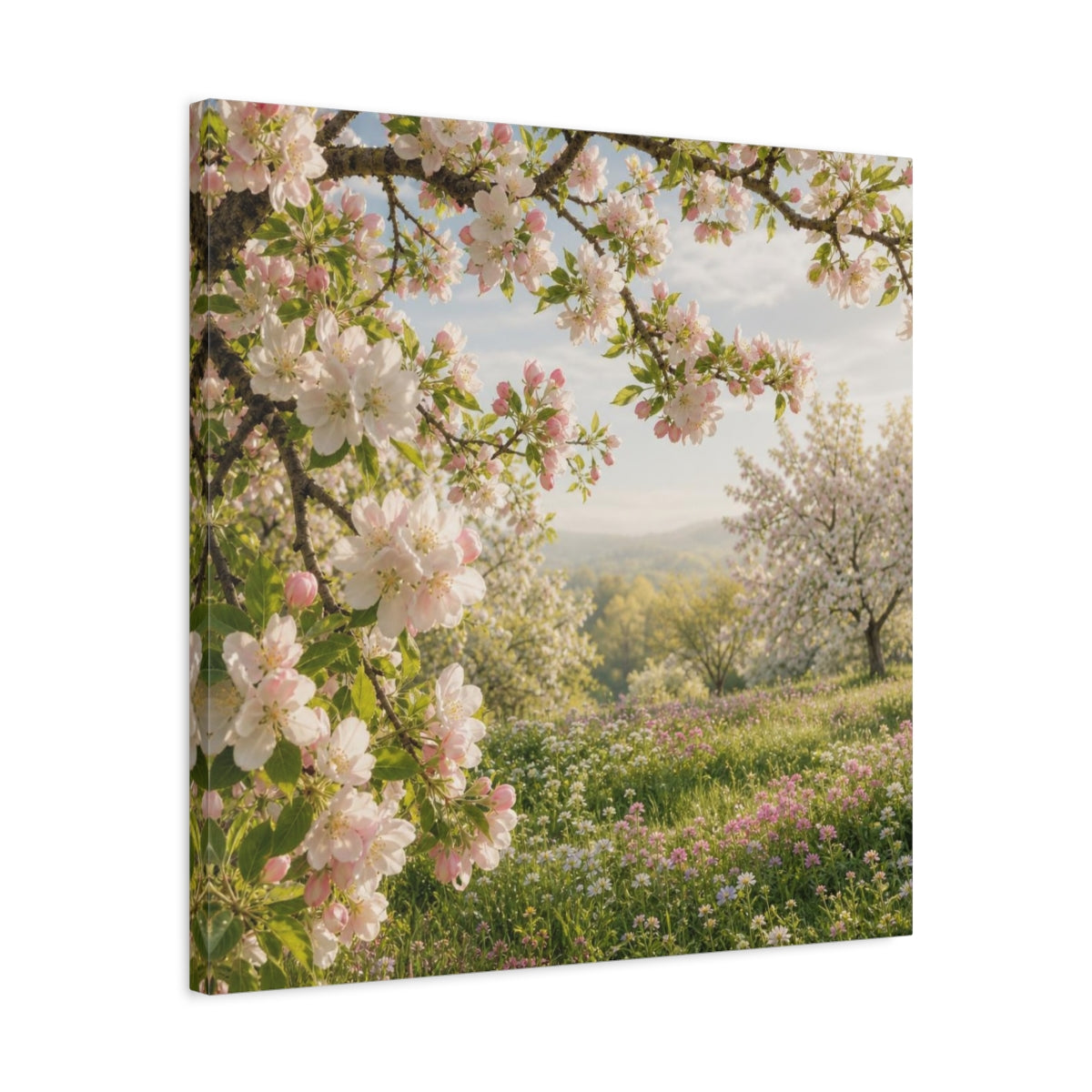 Side Mockup 4. Blush Apple Blossom Meadow shown as canvas print