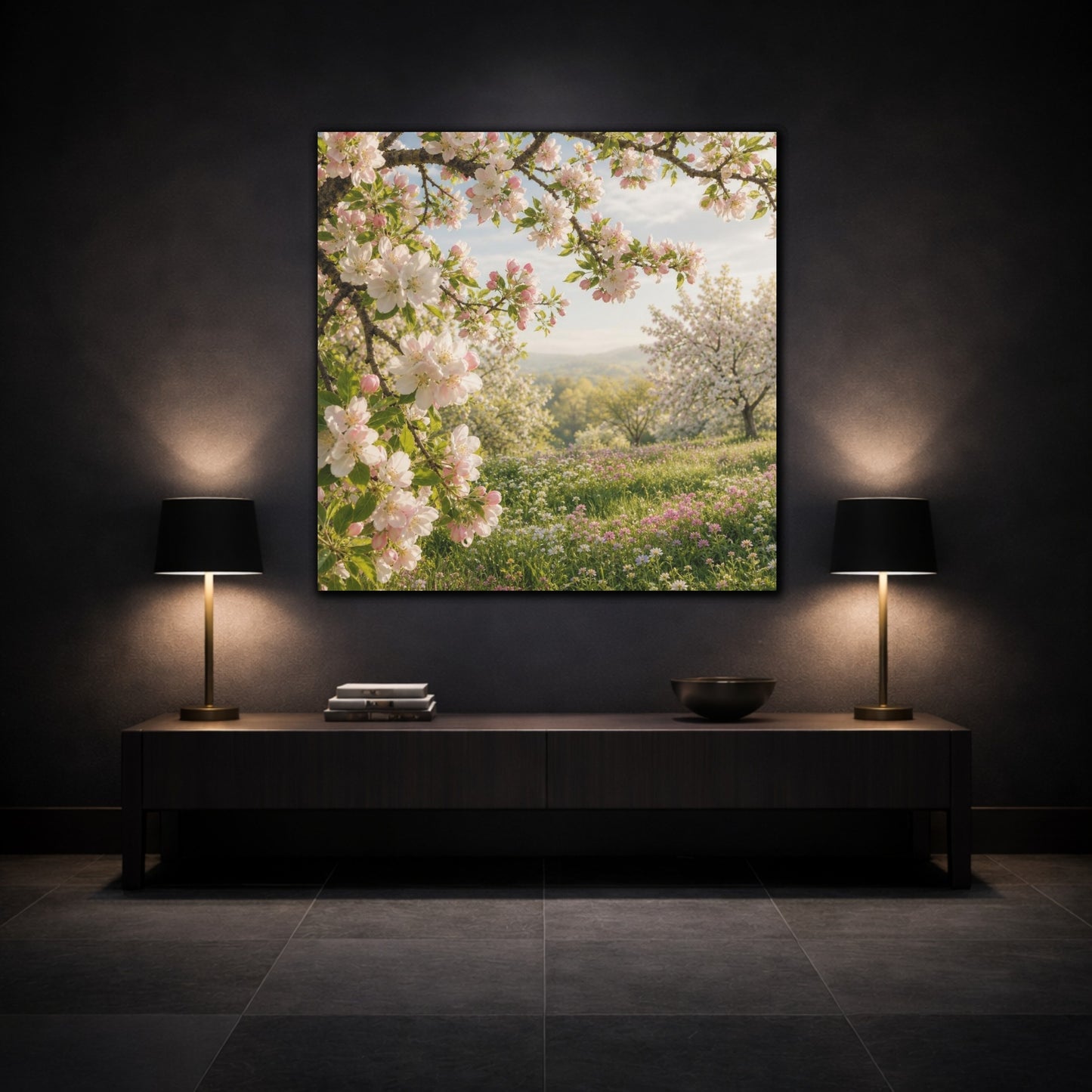 Mockup 3. Blush Apple Blossom Meadow shown as canvas print