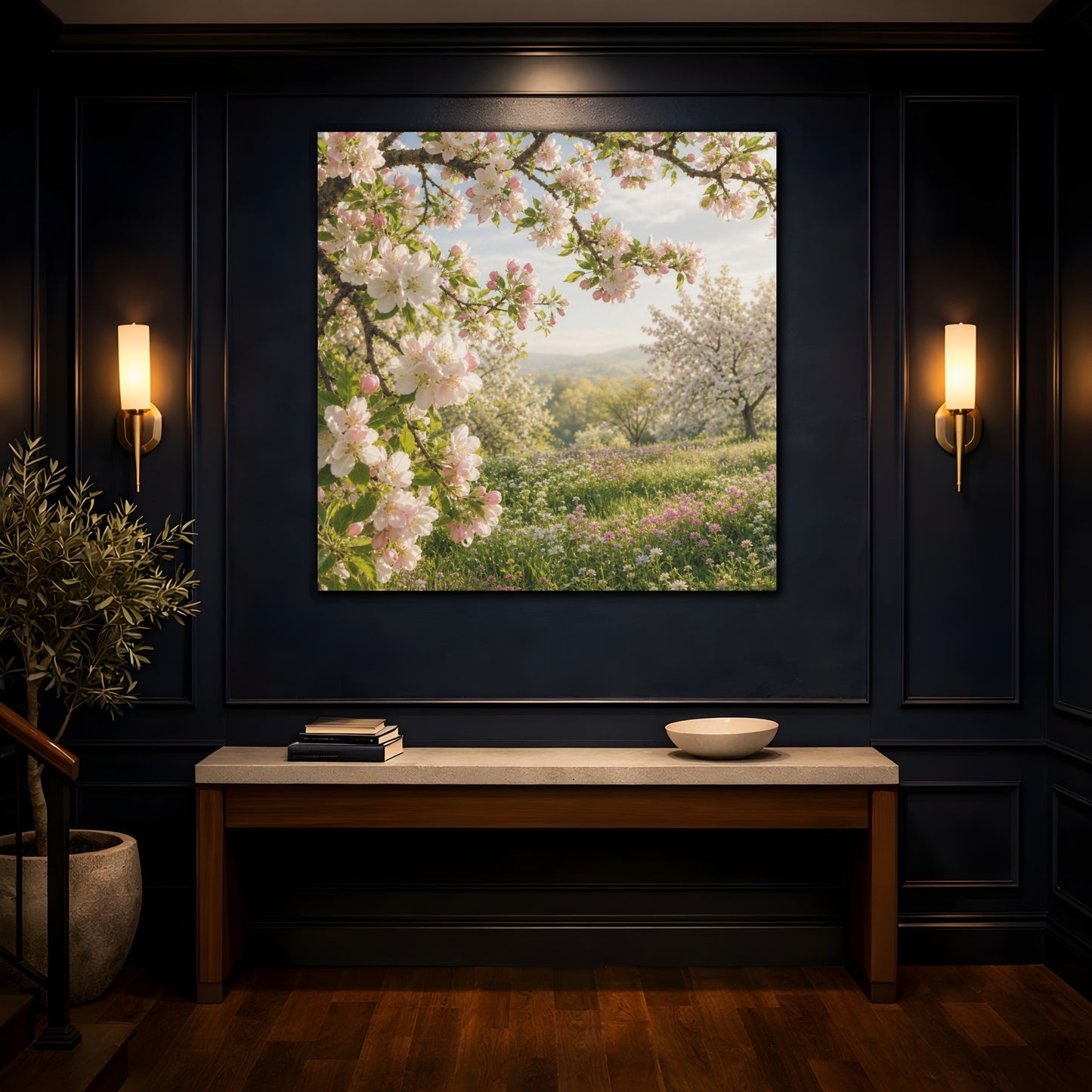 Mockup 4. Blush Apple Blossom Meadow shown as canvas print