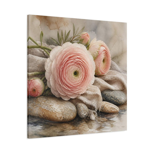 Blushing Ranunculus On Stones Canvas Print – Bedroom, Wall - YesArtYes