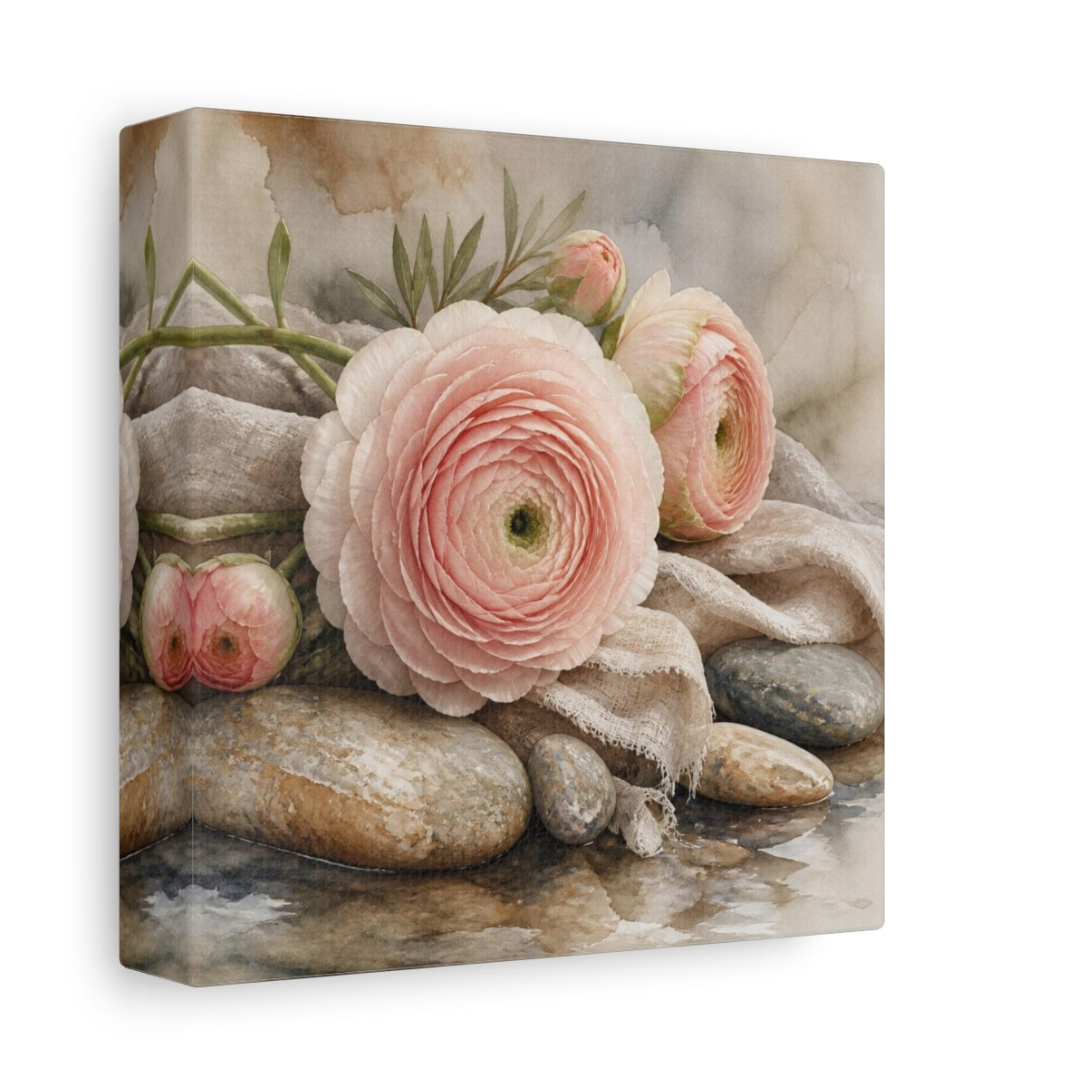 Side Mockup 2. Blushing Ranunculus On Stones shown as canvas print