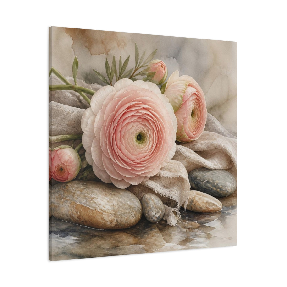 Side Mockup 1. Blushing Ranunculus On Stones shown as canvas print