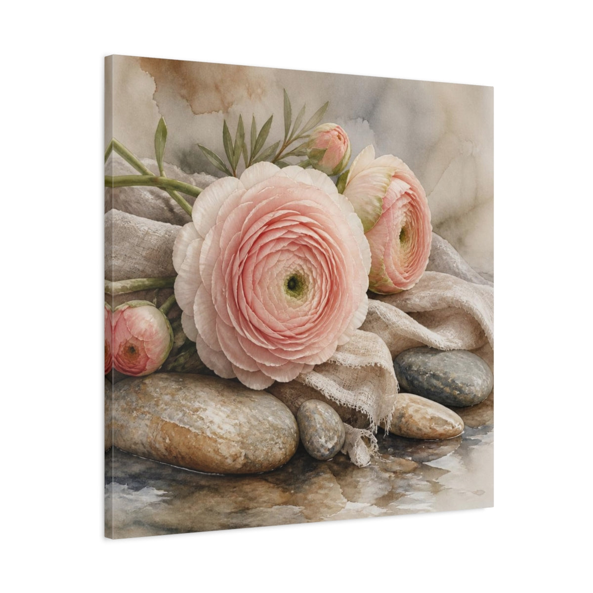 Side Mockup 3. Blushing Ranunculus On Stones shown as canvas print